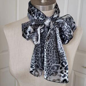 VINTAGE Rectangle Scarf Animal Print Black Silver Gray Satin Sheer